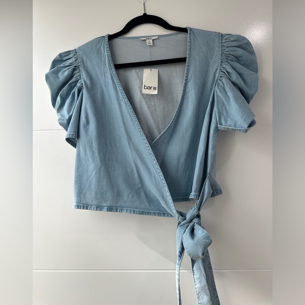Bar III Blue Denim Puff Sleeve Wrap Crop Top | NWT Size S - Picture 7 of 12